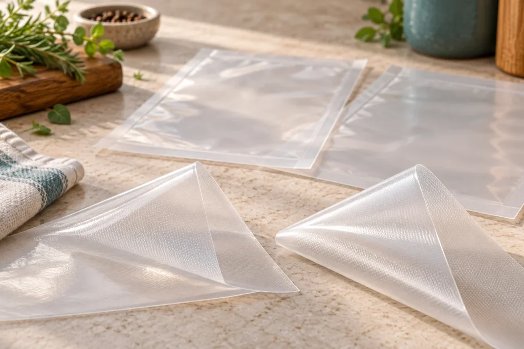 Transparent pouch edges arranged to compare thinner and thicker film.