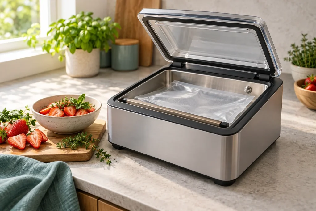 Modern compact chamber vacuum sealer beside fruit and herbs in a bright kitchen.