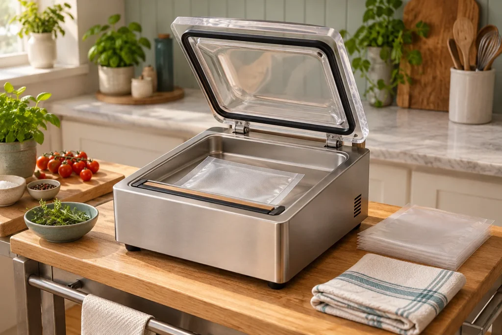 Small chamber vacuum sealer on a kitchen trolley with compact portion pouches.