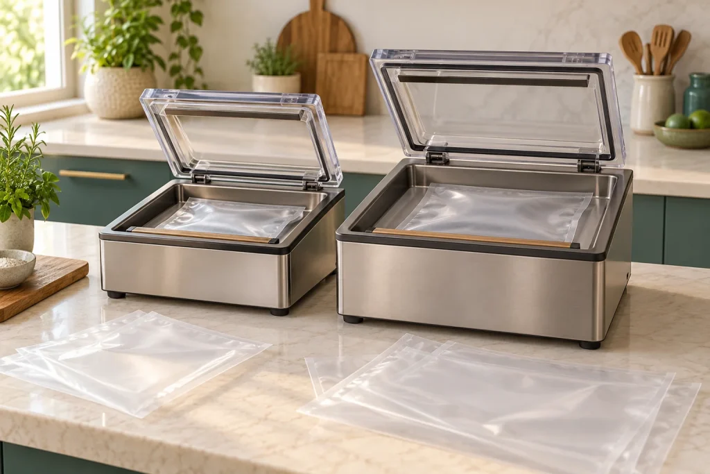Small and medium chamber vacuum sealer arranged to compare pouch fit and counter space.