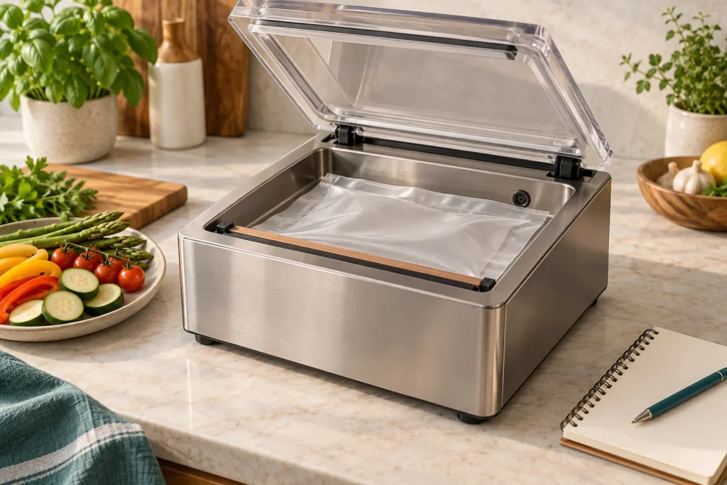 Compact chamber vacuum sealer with an open lid, smooth pouch and notebook.