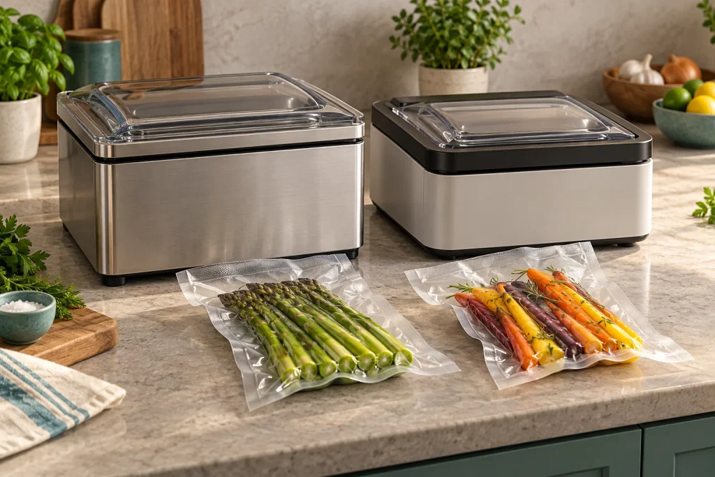 Comparison of two compact chamber-sealer layouts and prepared vegetable pouches.