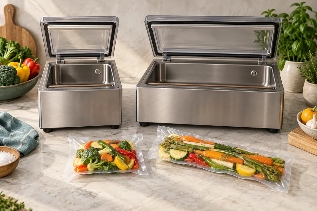 Two chamber vacuum sealer with short and long food pouches for a capacity comparison.