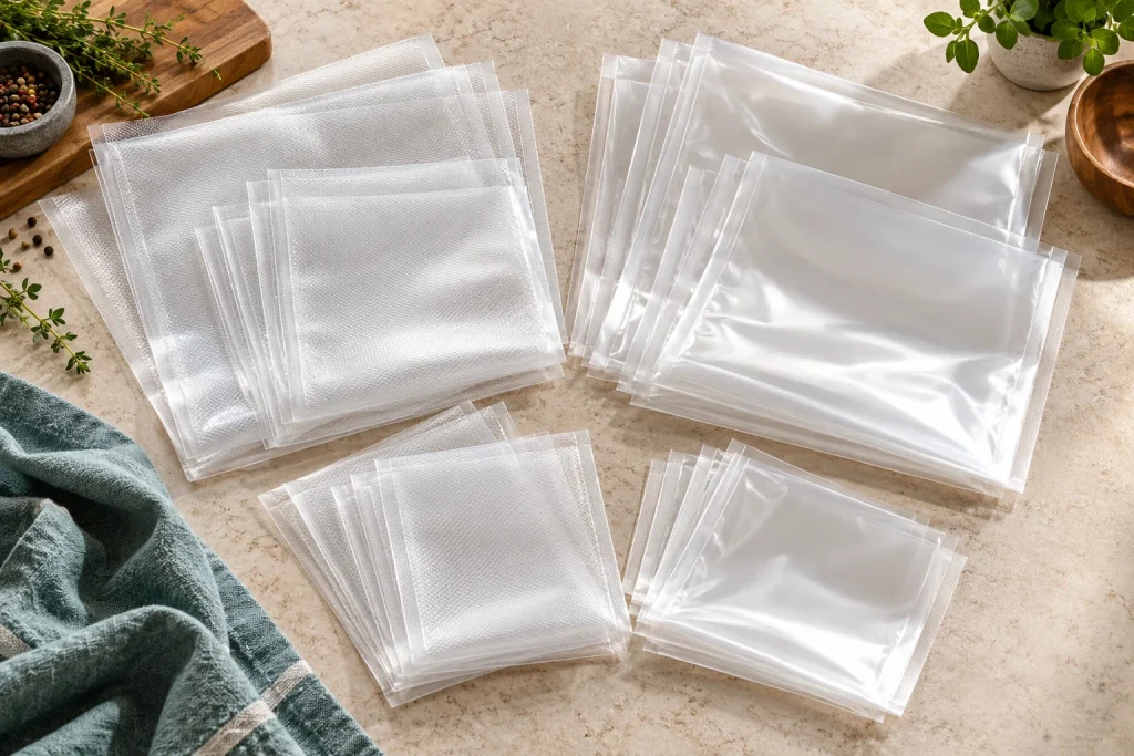 Clear chamber vacuum pouches in several sizes arranged to compare material and pack choice.