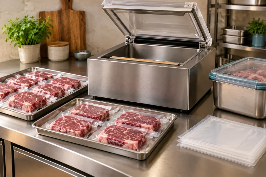 Packaged raw meat portions on a tray beside a heavy-duty chamber vacuum sealer.