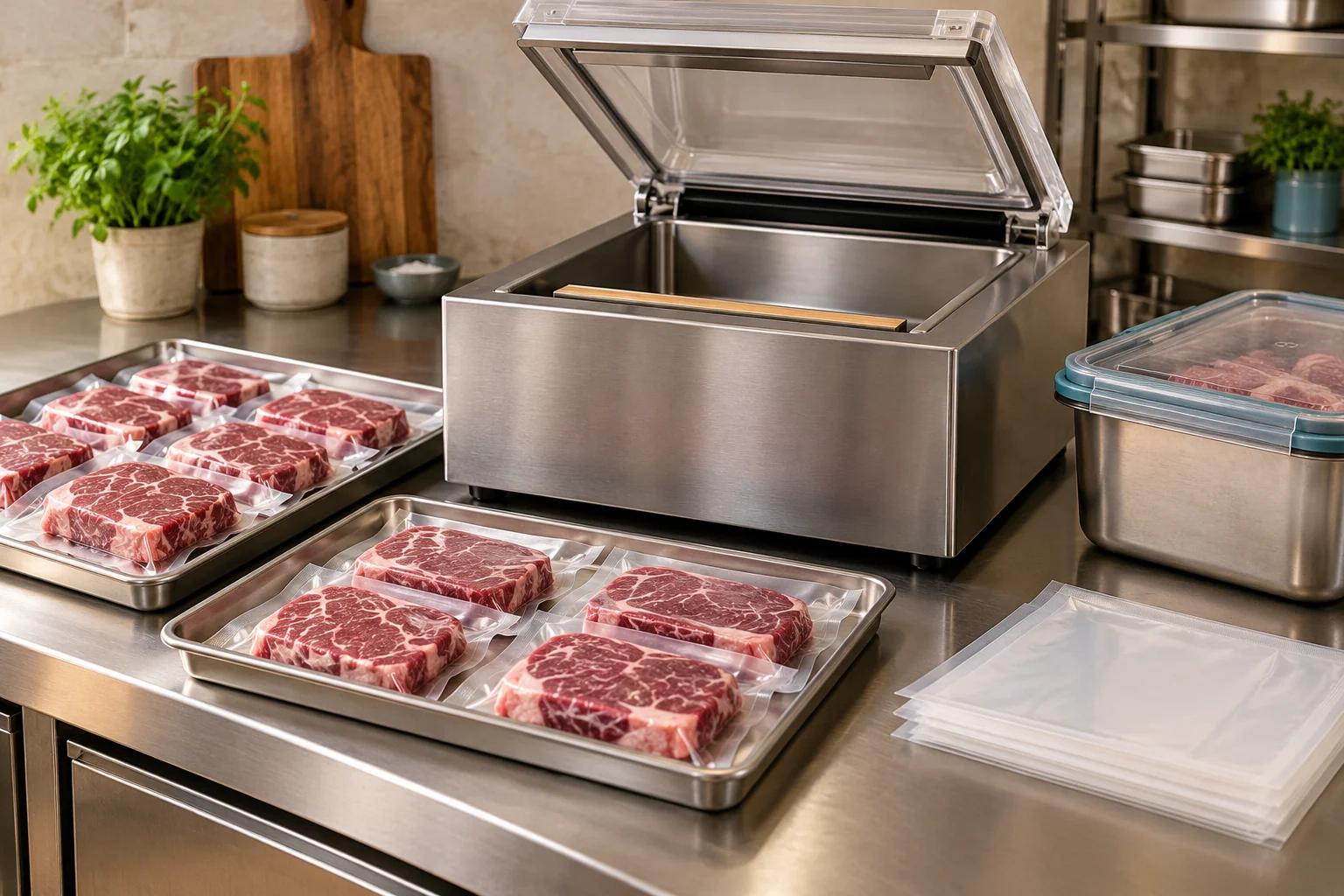 Packaged raw meat portions on a tray beside a heavy-duty chamber-sealer concept.