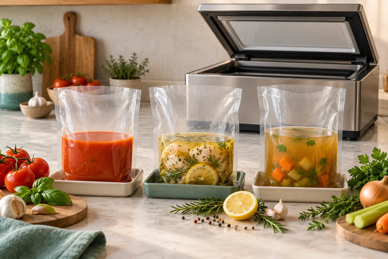 Soup, broth and marinade pouches with headspace beside a chamber-sealer concept.