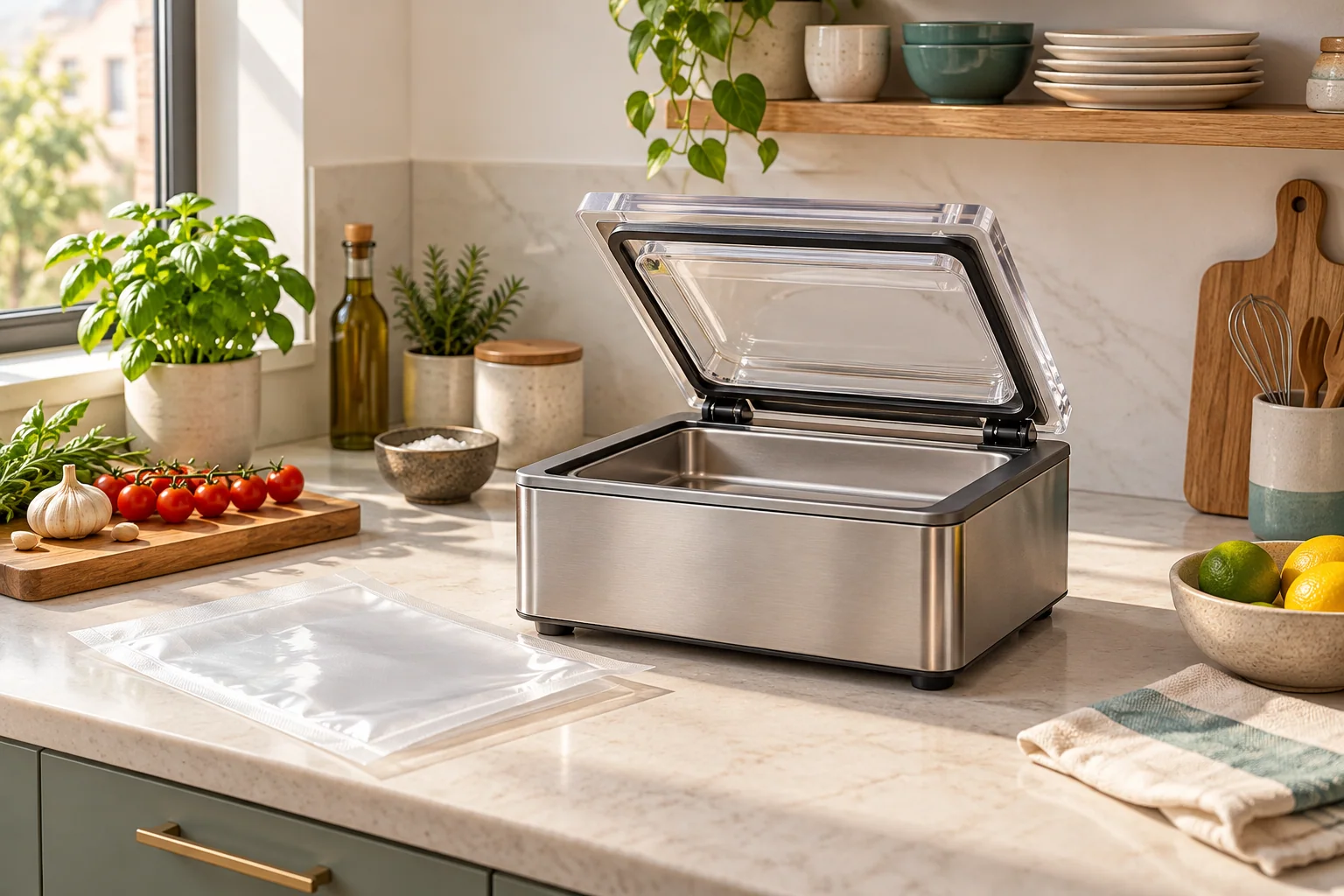 Compact chamber-sealer concept on a small kitchen counter with open-lid clearance.