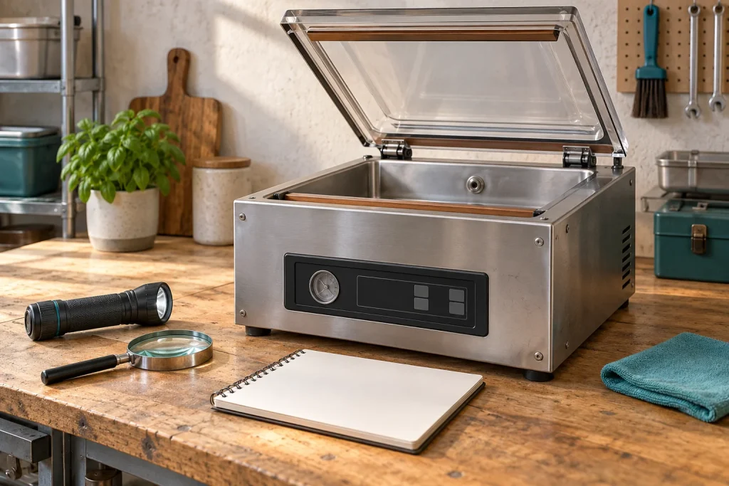 Used chamber vacuum sealer with inspection light and maintenance booklet.