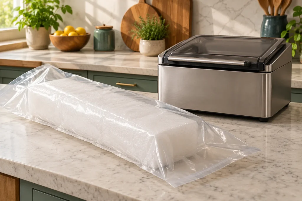 Oversized pouch beside a compact chamber vacuum sealer to illustrate checking external-sealing options.