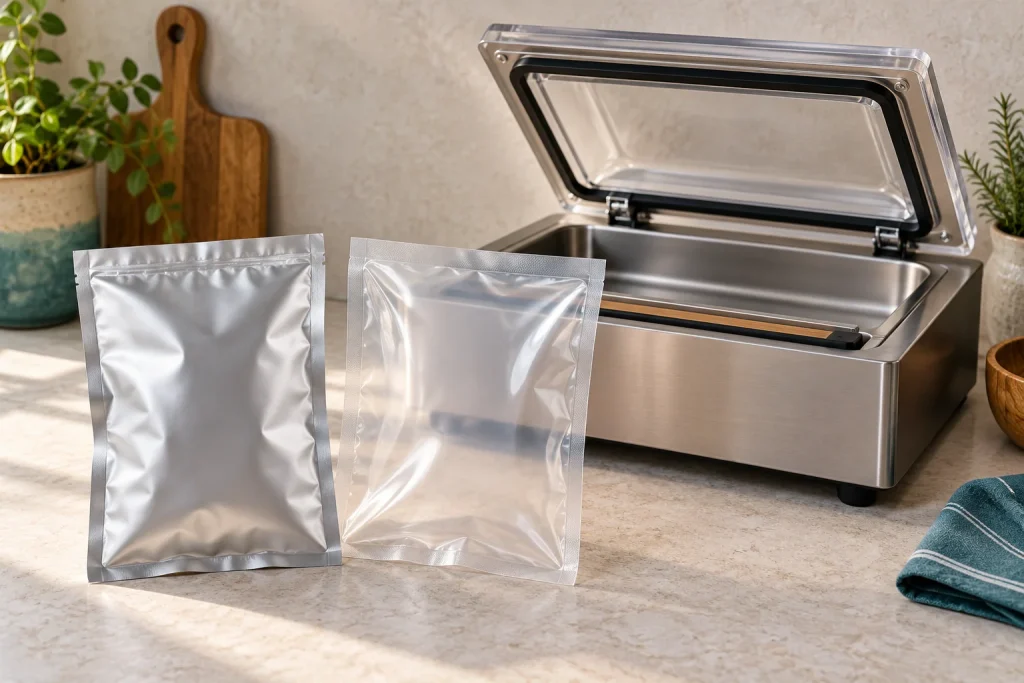 Silver laminated and transparent food pouches beside a generic chamber vacuum sealer.