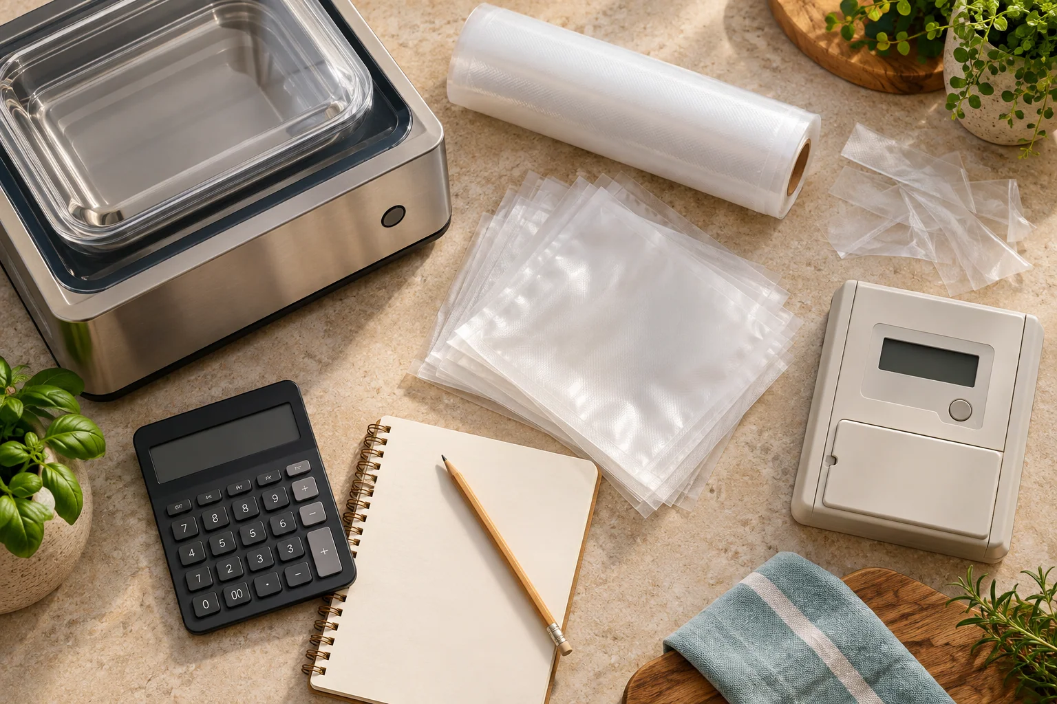 Vacuum pouches, a bag roll, film offcuts and a calculator arranged for an ownership-cost comparison.