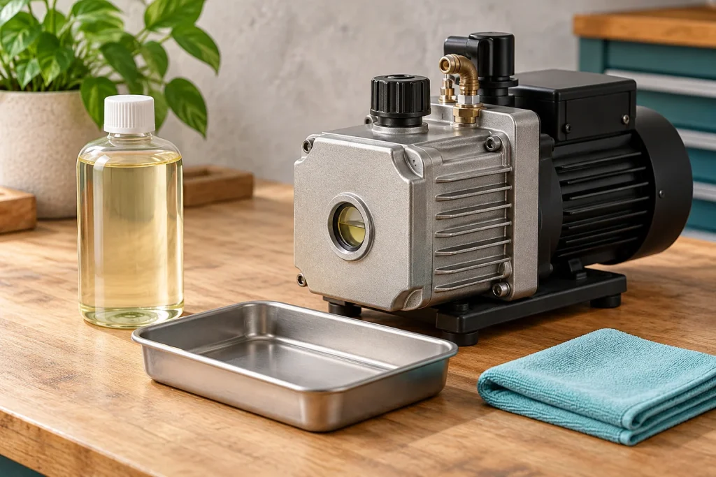 Oil-pump maintenance supplies with sealed oil bottle, sight window, cloth and catch tray.