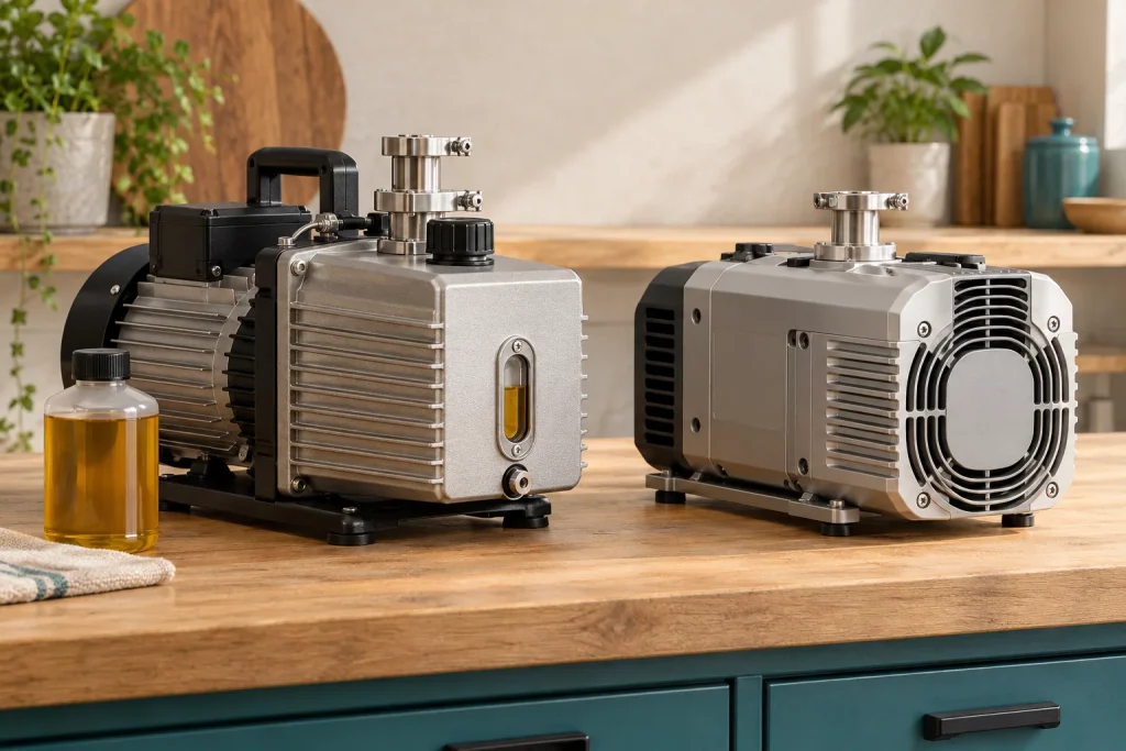 Oil-lubricated and dry vacuum pumps on a clean workbench.