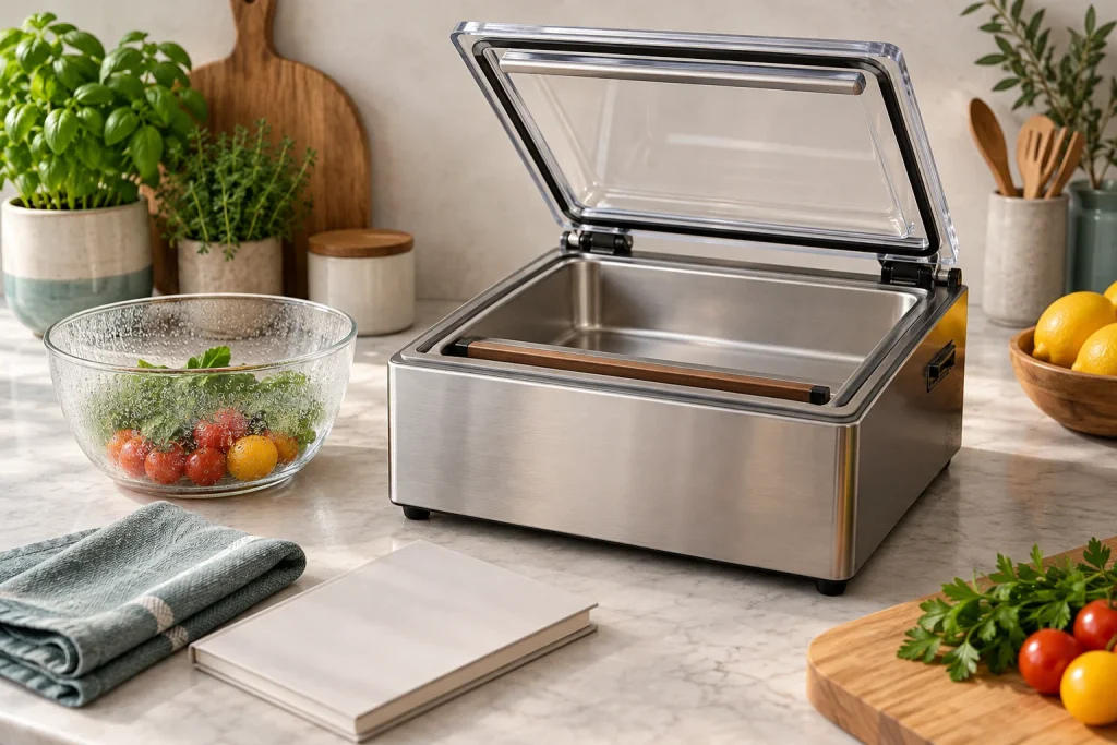 Dry open chamber vacuum sealer, cloth and separate condensation-covered bowl.