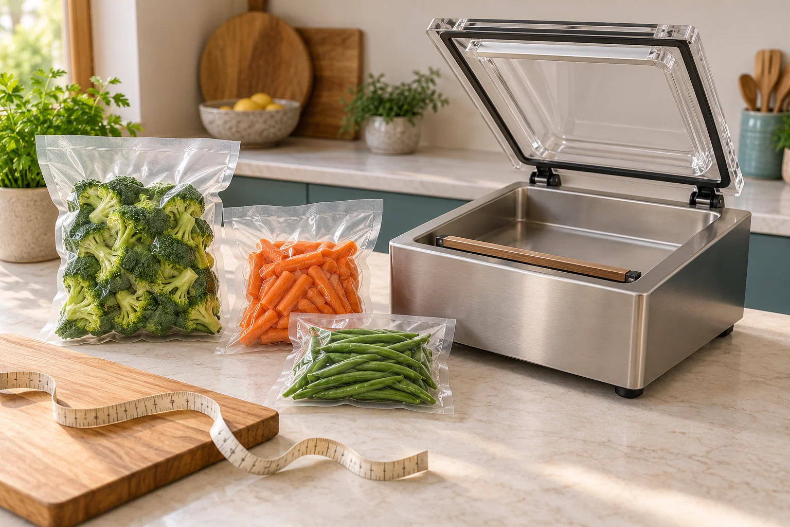 Filled pouches and an open chamber sealer arranged to assess package fit and counter space.