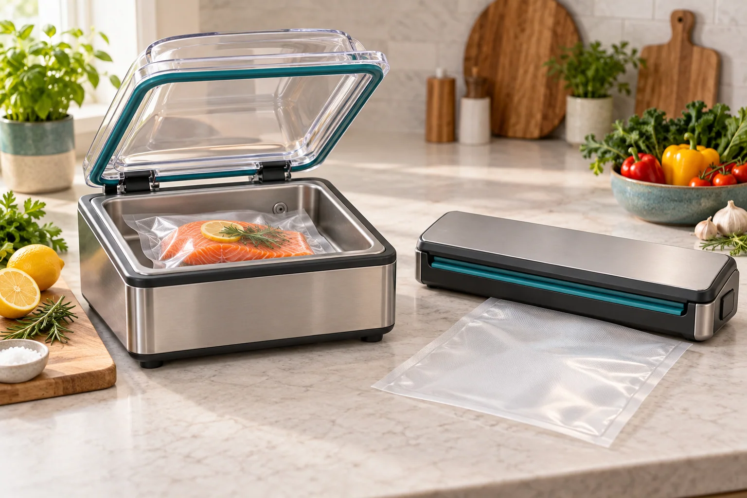 Conceptual chamber and external vacuum sealers with compatible pouch types on a kitchen counter.