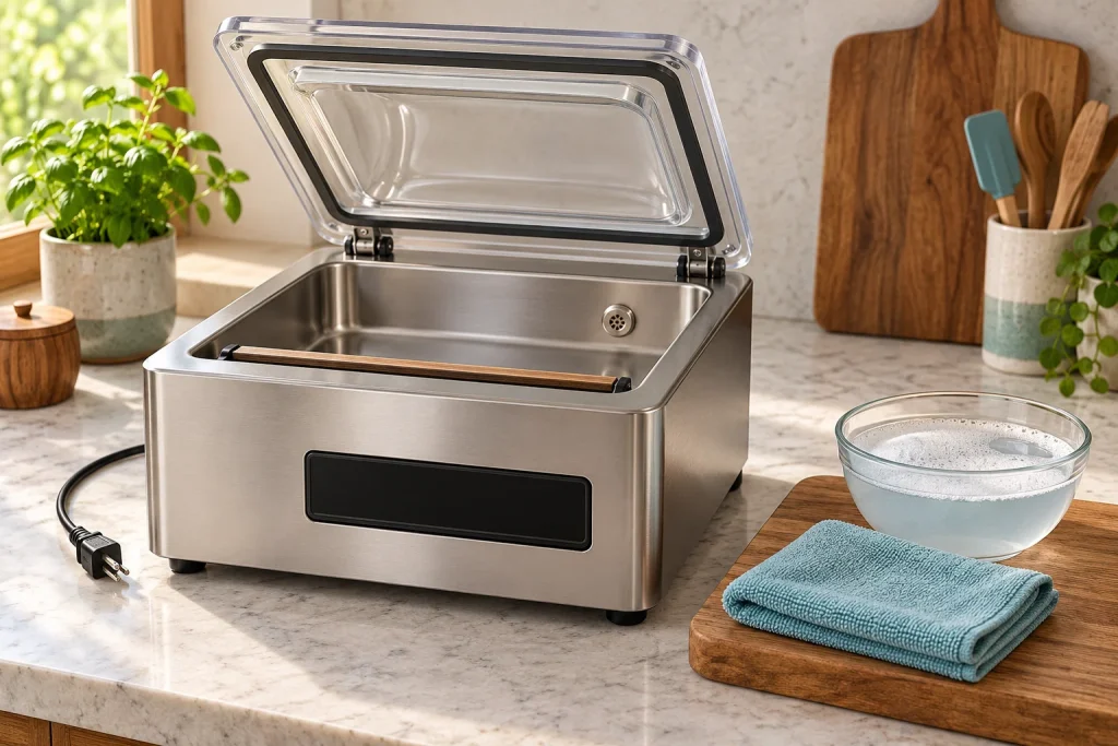 Unplugged chamber vacuum sealer with a microfiber cloth ready for careful cleaning.