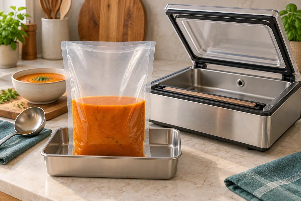 Soup pouch with generous headspace beside an open chamber vacuum sealer.