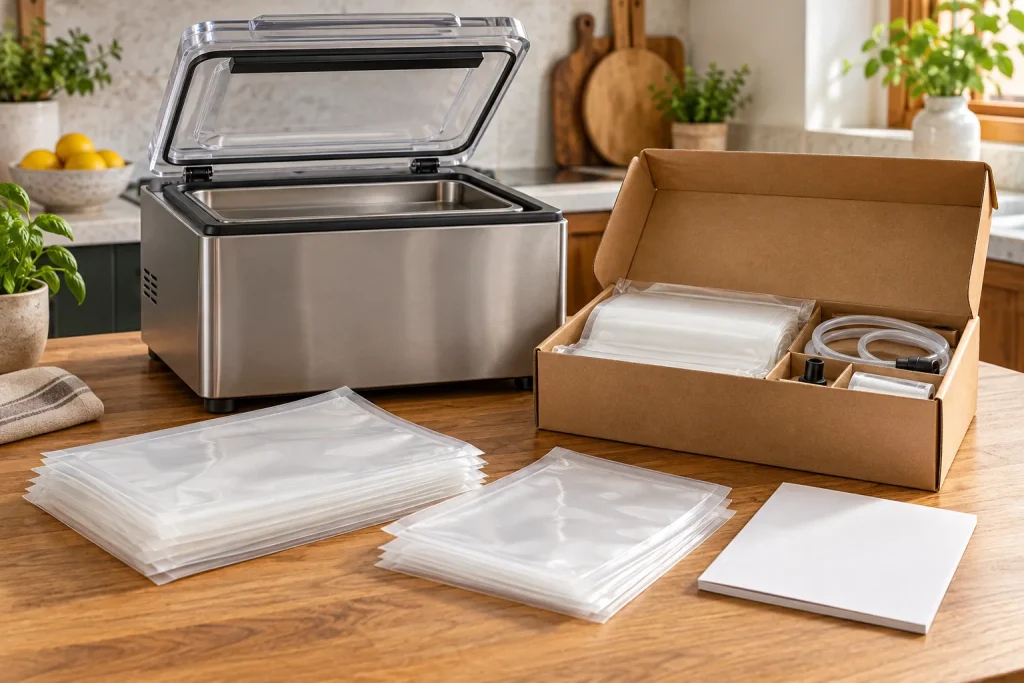 Chamber-sealer bundle with pouches, a plain accessory box and manual.