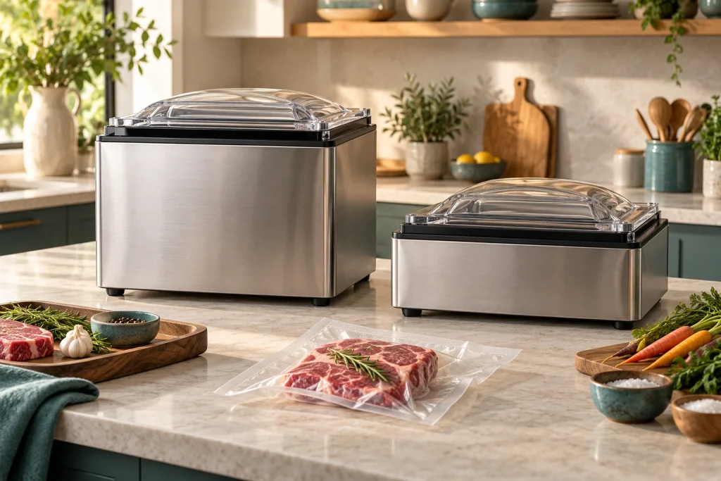 Comparison of a larger and smaller chamber sealer on a kitchen island.