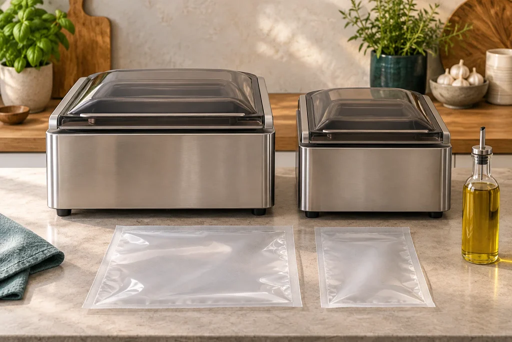 Chamber-sealers, differently proportioned pouches and an oil bottle for ownership comparison.