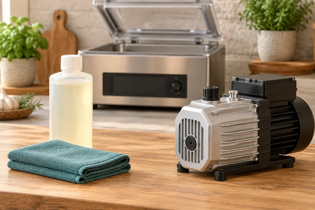 Vacuum-pump maintenance components with an oil bottle and a separate dry-pump form.