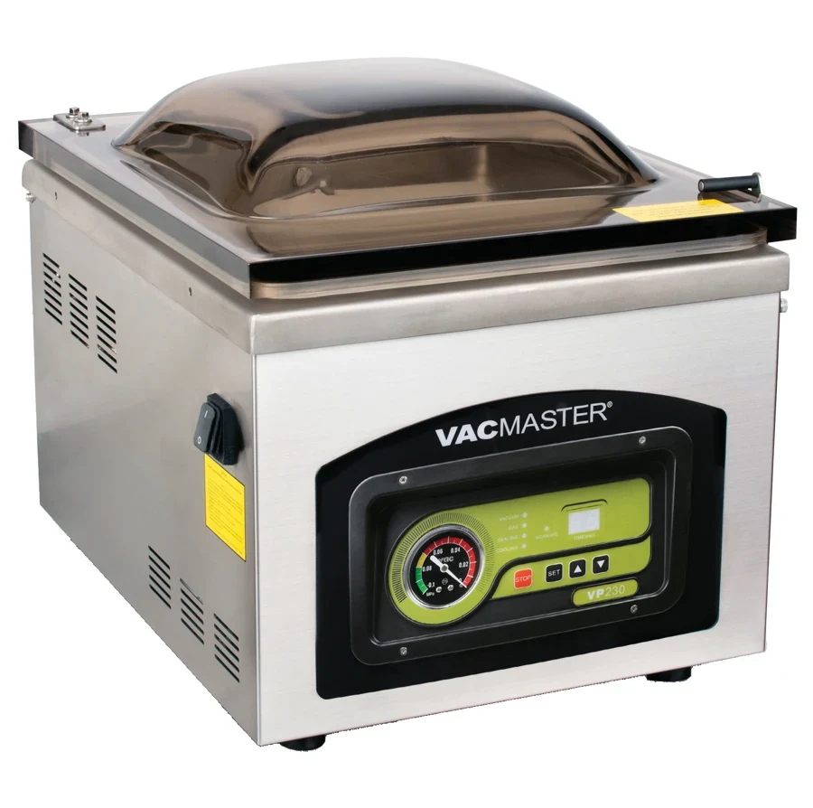 VacMaster VP230 chamber vacuum sealer with pressure gauge and stop control.