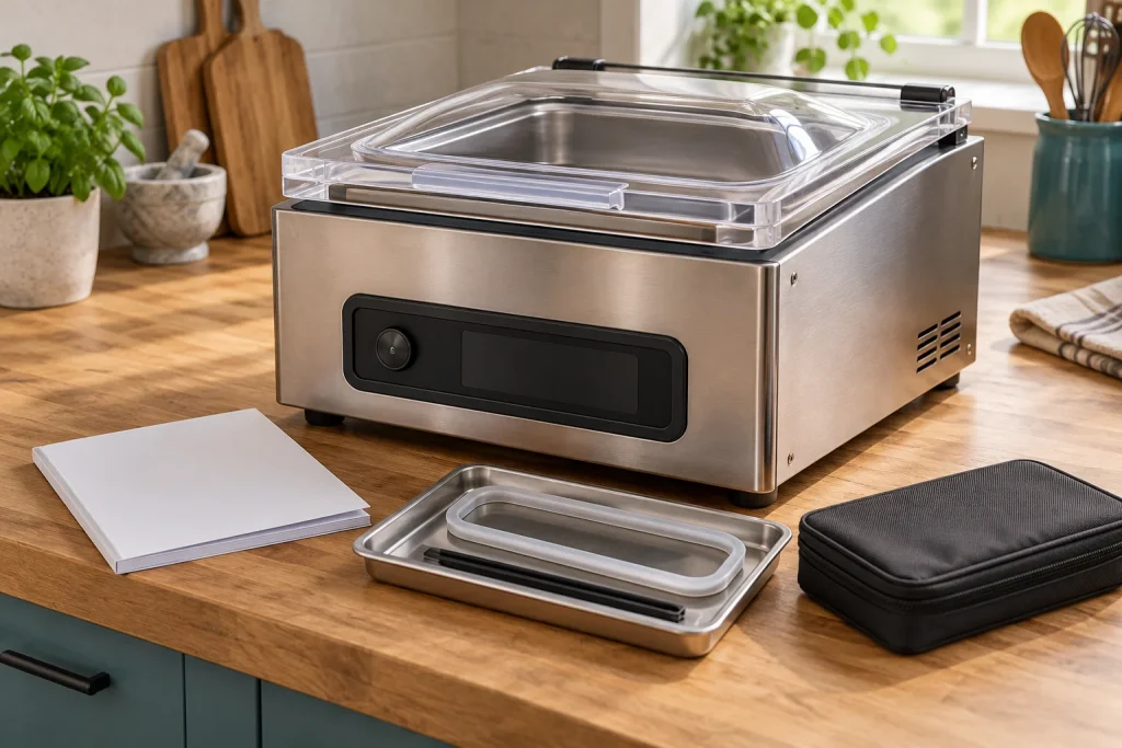 Large chamber vacuum sealer with manuals and spare gaskets.