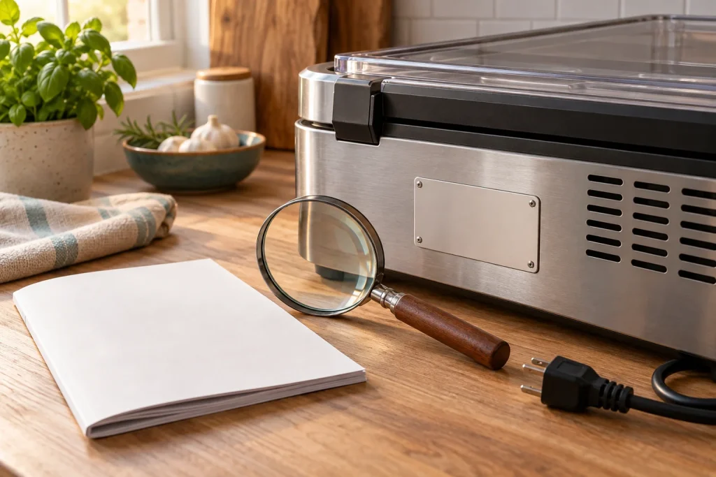 Blank appliance identification plate, manual and magnifier for checking the correct model revision.