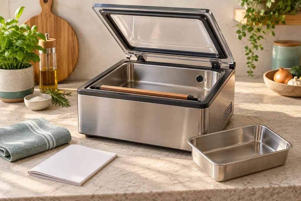 Chamber-sealer with a separate tray and cleaning cloth.