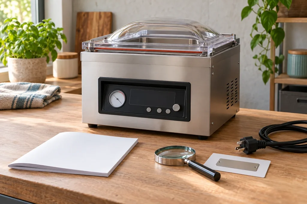 Stainless chamber vacuum sealer with manual and power plug for revision and electrical checks.