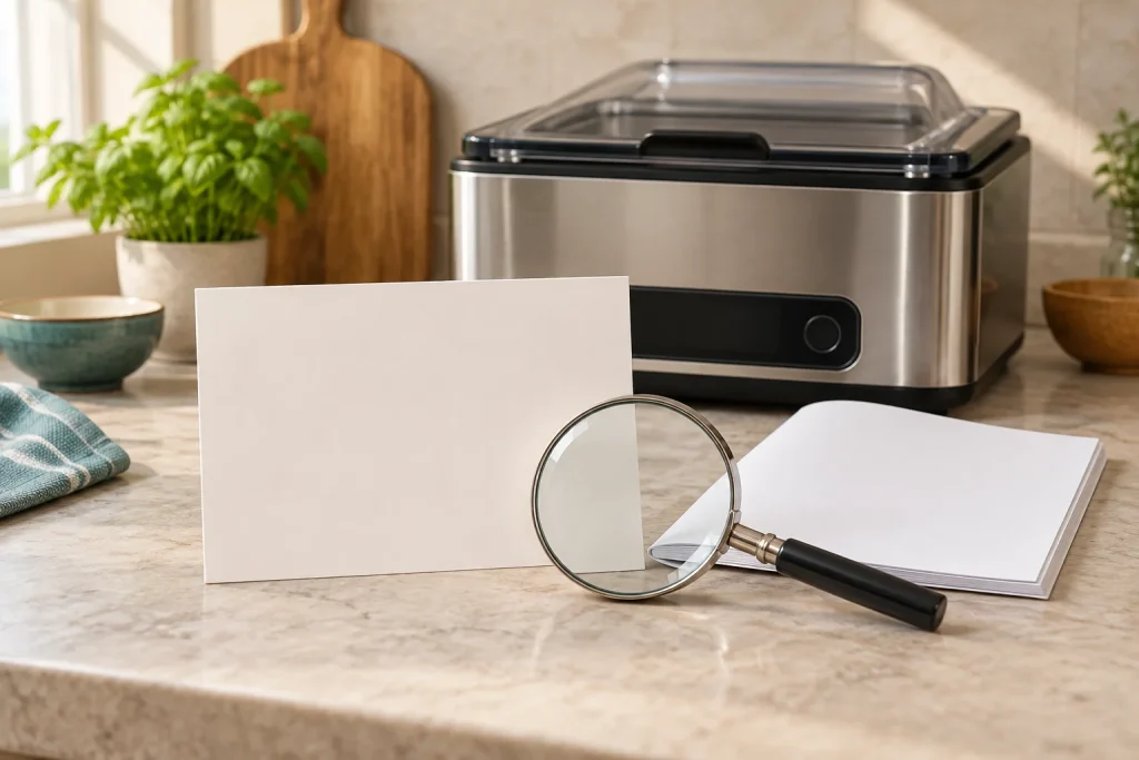 Blank product information card and manual beside a chamber vacuum sealer for version checks.