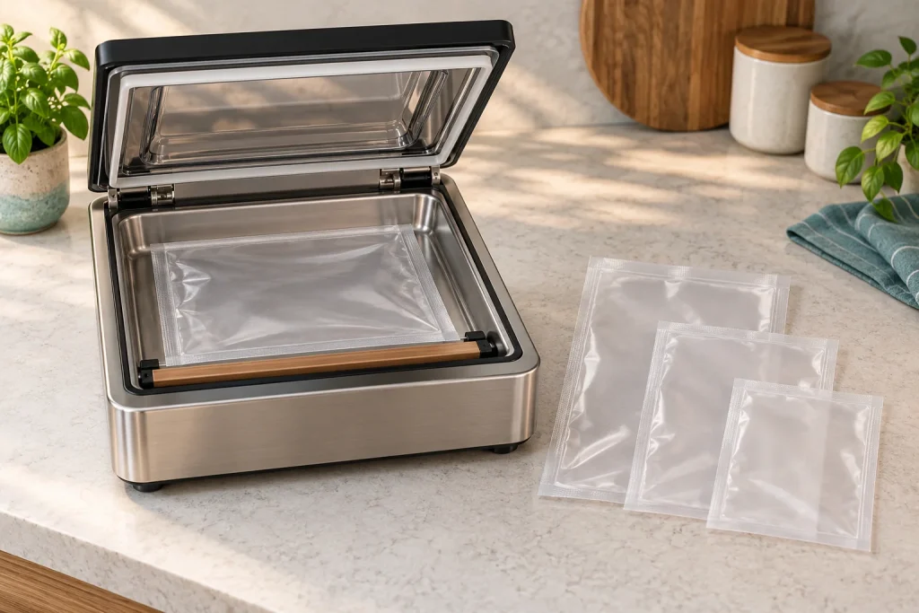 Different pouch sizes beside a compact chamber vacuum sealer with one pouch positioned inside.